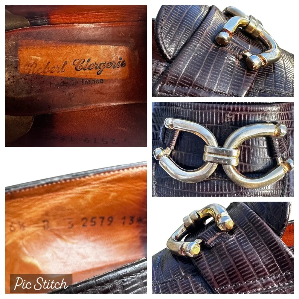 Robert Clergerie Brown Loafers Faux Lizard Skin Embossed Leather 6 1/2 M Vintage